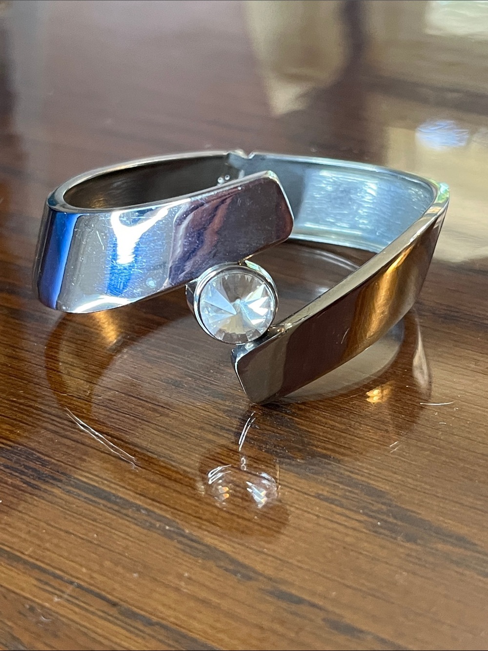 Polished Silver-Tone Cuff Bracelet with Clear Crystal Accent